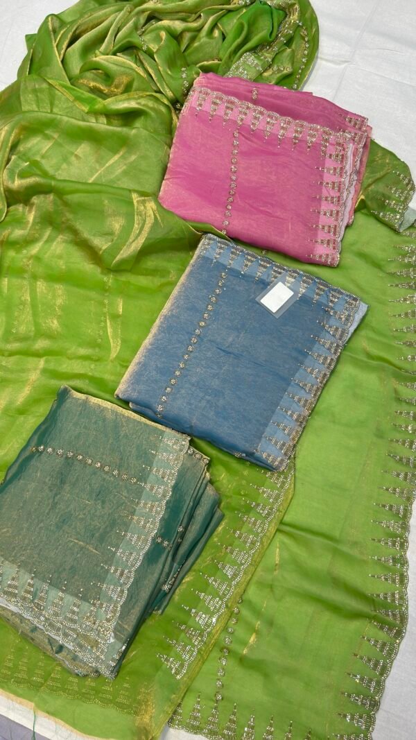 Premium Fendi Silk Saree with Eiffel Tower Border & Mirror Work