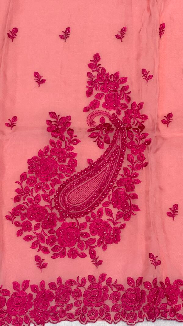 Premium Peach Organza Suit with Contrast Pink Embroidery & Cutwork Ghera